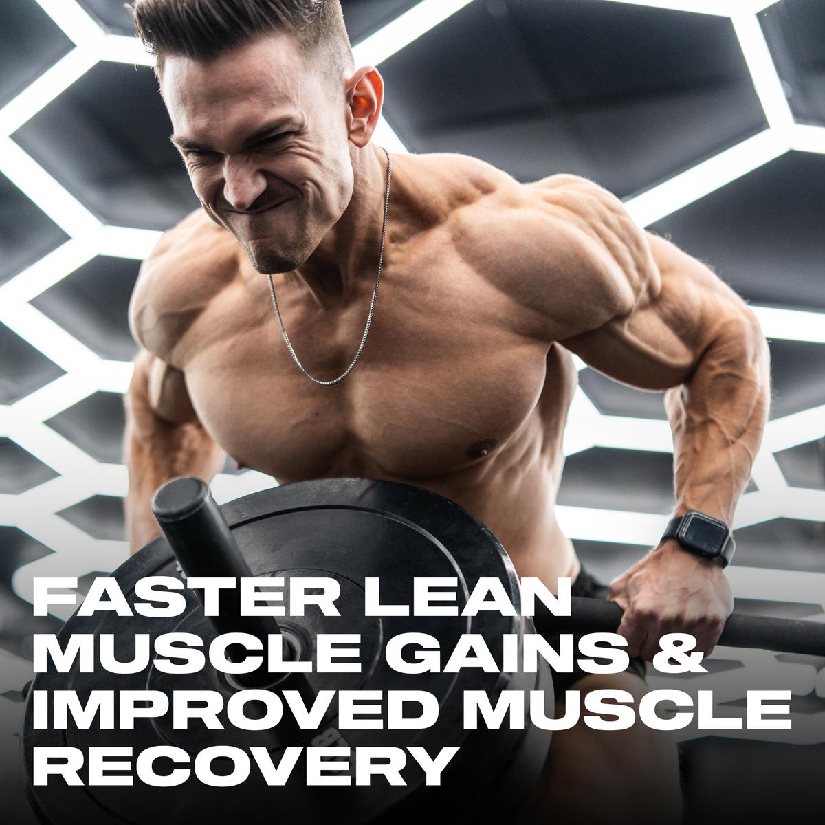 Bodybuilder performing bent-over rows in the gym with the caption 'Faster lean muscle gains & improved muscle recovery.'